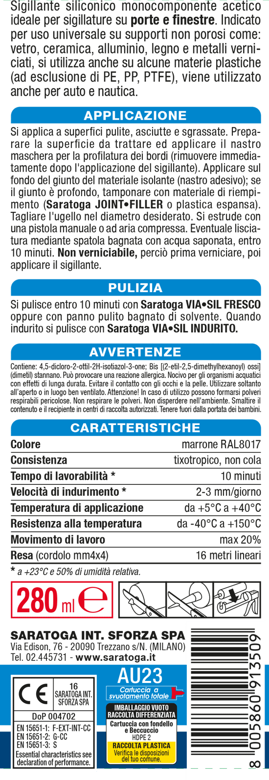 Italy product data sample: SILICONE ACETICO PORTE E FINESTRE MARRONE SARATOGA 280ML