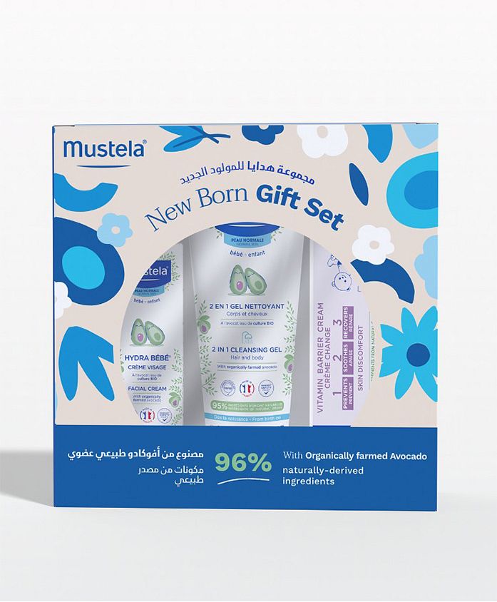 Saudi Arabia product data sample: Mustela Newborn Skincare Set - Bath Gel, Diaper Cream, Facial Moisturizer, Gentle Formula 0M+