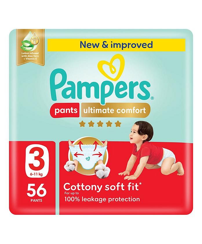 Saudi Arabia product data sample: Pampers Ultimate Comfort Pants Diapers, Size 3, 6-11kg, Lotion infused with Aloe Vera and Vitamin E, Mega Pack, 56 Diapers