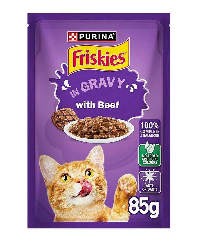 Saudi Arabia product data sample: Purina Friskies Beef Chunks in Gravy Wet Cat Food Pouch - 85g