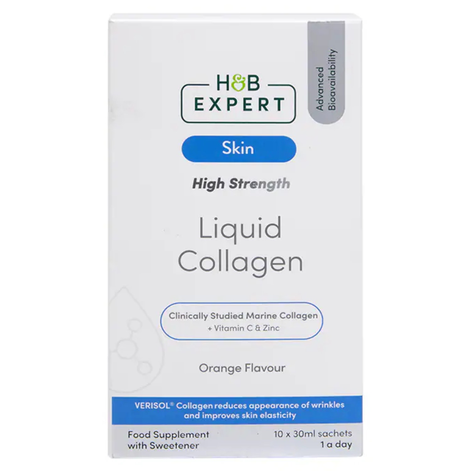United Arab Emirates product data sample: H&B Expert High Strength Marine Collagen, Orange Liquid Sachets 30ml, Pack of 10's