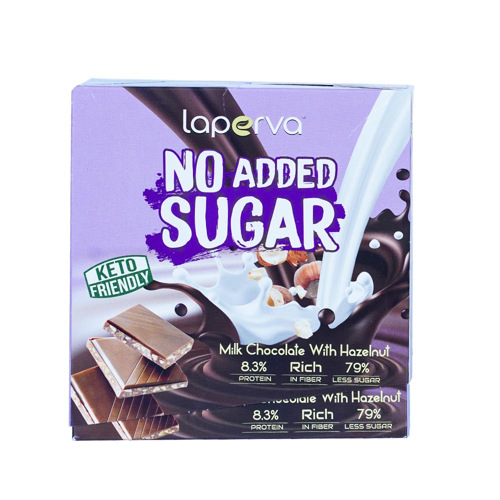 United Arab Emirates product data sample: Laperva No Added Sugar Chocolate Bar, Milk Chocolate With Hazelnut, Box of 12 Bars
