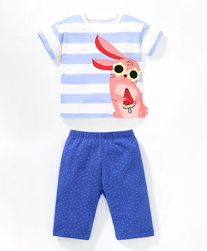 Saudi Arabia product data sample: SAPS Rabbit Patched & Striped T-shirt & Printed Bottoms - White & Blue