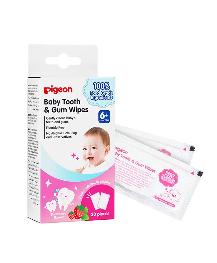 United Arab Emirates product data sample: Pigeon Oral Care Baby Tooth and Gum Wipes, 100 Cotton, Fluoride-Free, Safe Hygienic, 20 Pieces - Strawberry