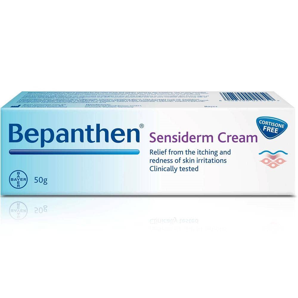 United Arab Emirates product data sample: Bepanthen Sensiderm Cream, Soothes and Regenerates Itchy and Dry Skin, Eczema Symptoms Relief, 50g