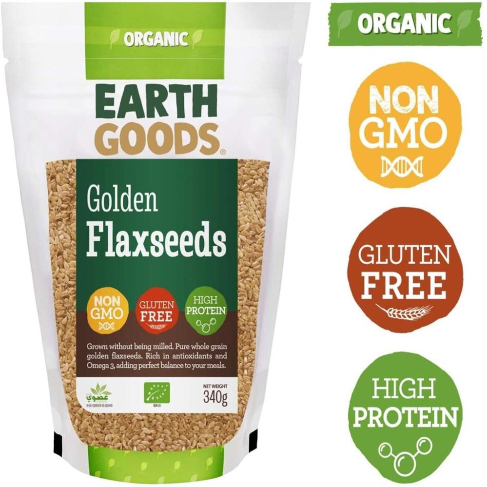 United Arab Emirates product data sample: Earth Goods Organic Blond Flax Seeds NON-GMO Gluten-Free High Protein 340g