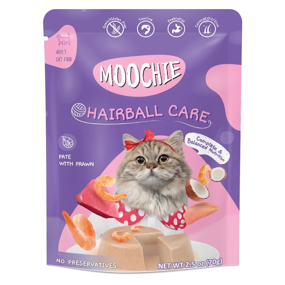 Saudi Arabia product data sample: Moochie Cat Food Pate with Prawn - Hairball Care Pouch 12 x 70g