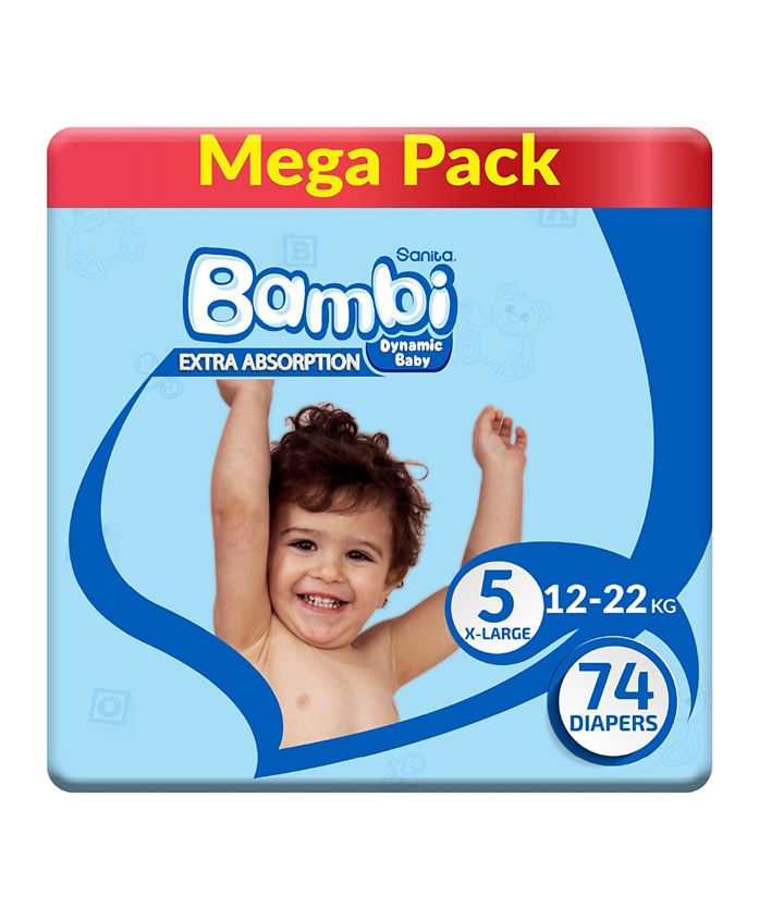 Sanita Bambi Dynamic Baby Extra Absorption Tape Style Baby Diapers - 74 Pieces Mega Pack, Size 5, 12-22kg, Cottony Soft Comfort, Flexi-Fit Absorbency